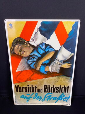 Vorsicht und Rücksicht auf der Strasse - Blechschild Warnschild Unfallverhütung 60 x 42 cm um 1960