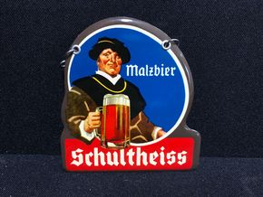 Schultheiss Brauerei Berlin / Malzbier (Zapfhahnblechschild mit Korkrückseite) um 1960