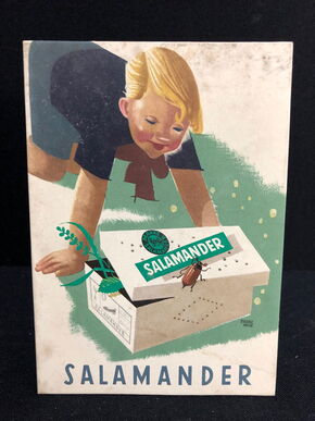Salamander Werbepappe (15 x 10,5 cm) von Franz Weiss - Maikäfer am Schuhkarton Motiv (50er Jahre / selten)