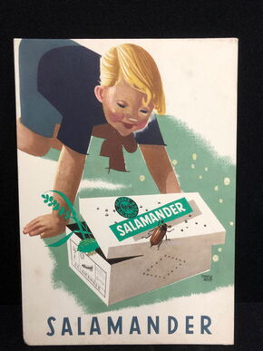 Salamander Werbepappe (21 x 15,5 cm) von Franz Weiss - Maikäfer Motiv (50er Jahre / selten)