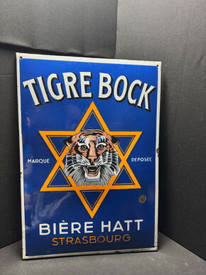 Tigre Bock Biere Hatt Strassbourg Emailschild - Tiger - 68 x 48 cm - FR um 1950