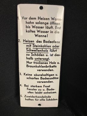 Baderegeln Heizen / Wasser / Wanne / Kohle kurioses Emailleschild 17 x 7 cm um 1920