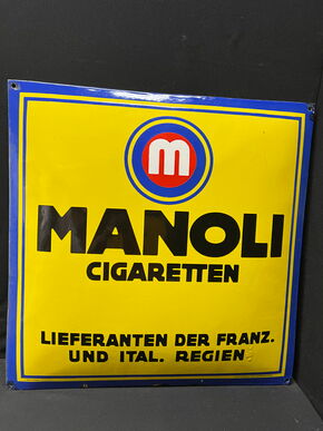 Manoli Cigaretten - Lieferanten der Franz. und Ital. Regien (1920er Jahre Emailleschild)