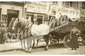 Postkarte mit alter Pferdekutsche und zahlreichen Schildern