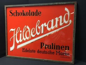 Hildebrand Schokolade & Pralinien (Einzigartiges Glasschild / um 1920)