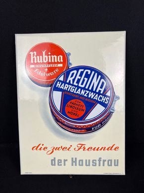 Regina Hartglanzwachs & Rubina Schuhpflege - Die 2 Freunde der Hausfrau - Emailschild  30 x 39 cm um 1950