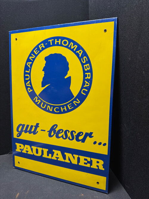 Gut - besser... Paulaner - Großes Werbeschild aus Holz im Format 53 x 38 cm - D um 1960  
