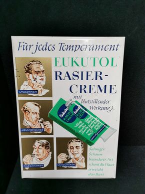 Eukutol Rasiercreme mit blutstillender Wirkung (Blechaufsteller um 1955)