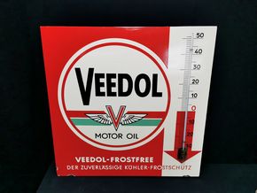 Veedol Thermometer aus der Zeit um 1950 - Frühe Version mit Flügeln (Emailliert)