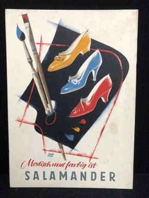 Salamander Werbepappe (21 x 15,5 cm) von Franz Weiss - Staffelei Motiv (50er Jahre / selten)
