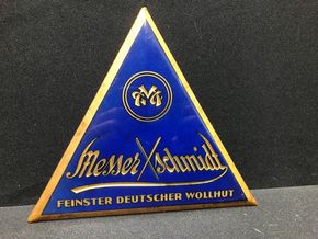 Messerschmidt Wollhüte - Vorkriegs-Blechschild mit Semi-Glas-Überzug (A31)