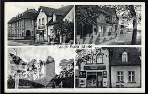 Postkarte mit seltenen Glasschildern von Sarotti, Stollwerck und Juno. Dazu ein wundervoller Mauxion Automat - Beelitz um 1930