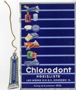 Chlorodont Preislistenheftchen (20 Seiten) aus dem Jahr 1934 mit original Lesezeichen