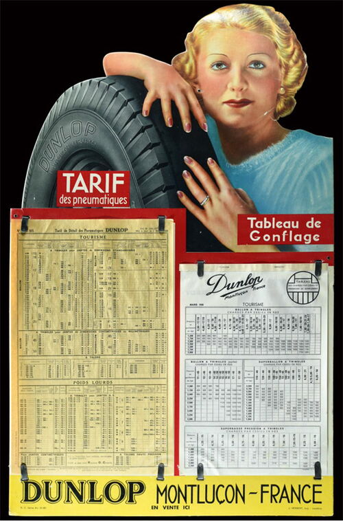Dunlop Reifen Werbepappe mit integrierten Reifendrucktabellen. (Frankreich, 30er Jahre)