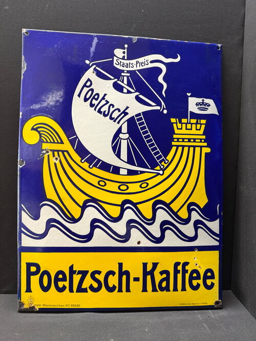 Poetzsch Kaffe (Emailschild, schwere Fertigung, abgekantet, dick schabloniert, Leipzig um 1910)