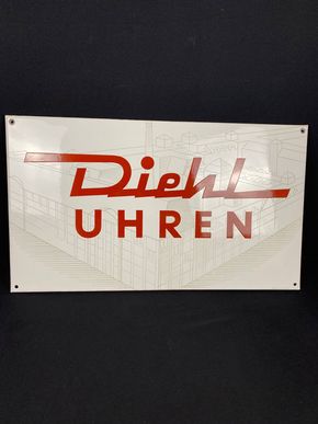 Diehl Uhren - Emailleschild mit Fabrikansicht Nürnberg Junghans  41 x 72 cm um 1950