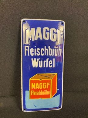 Maggi Türschild Emailleschild - Maggi´s Fleischbrühwürfel 18,5 x 8,5 cm um 1925