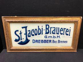 St. Jacobi-Brauerei G.m.b.H Drebber - Glasschild im Originalrahmen. (Um 1915)