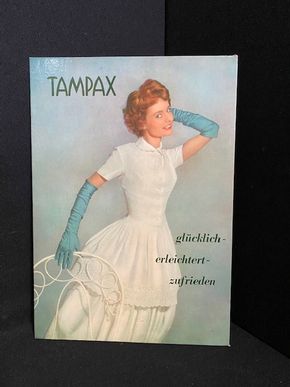 Tampax Tampons - glücklich - erleichtert - zufrieden - Pappschild um 1950