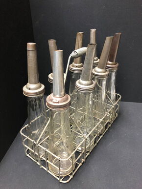 BV (Aral) Ölflaschen 8er-Set im Originalkorb (Vorkrieg)