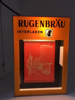 Rugenbräu Interlaken - beleuchteter Schaukasten mit Klemmbrett von Boos & Hahn (1968) 