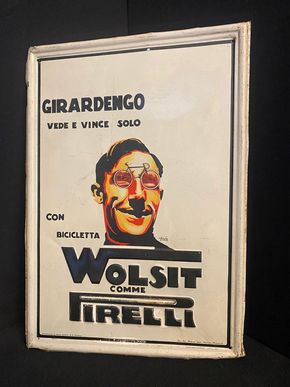 Giradenco vede e vince solo Wolsit comme Pirelli- Fahrrad Blechschild 24,3 x 34,5 cm - Italien um 1926