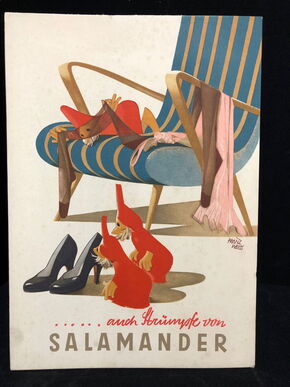 Salamander Werbepappe (30 x 21 cm) von Franz Weiss - Auch Strümpfe von Salamander Motiv (50er Jahre / selten)
