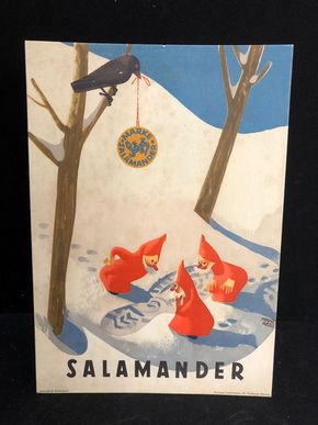 Salamander Werbepappe (30 x 21 cm) von Franz Weiss - Zwerge & Raabe Motiv (50er Jahre / selten)