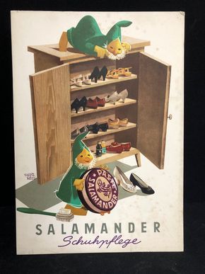Salamander Werbepappe (30 x 21 cm) von Franz Weiss - Zwerge am Schuhschrank Motiv (50er Jahre / selten)