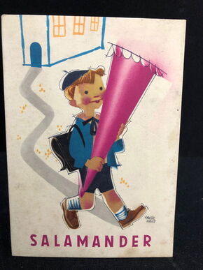 Salamander Werbepappe (15 x 10,5 cm) von Franz Weiss - Junge mit Schultüte Motiv (50er Jahre / selten)