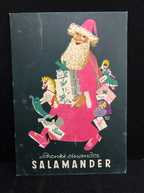 Salamander Werbepappe (21 x 15,5 cm) von Franz Weiss - Pinker Weihnachtsmann Motiv (50er Jahre / selten)