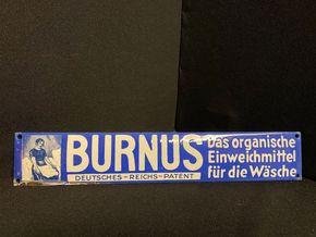 Burnus - das organische Einweichmittel - Emailschild - Türschild 31,5 x 5,5 cm um 1930