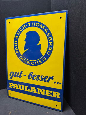 Gut - besser... Paulaner - Großes Werbeschild aus Holz im Format 53 x 38 cm - D um 1960  