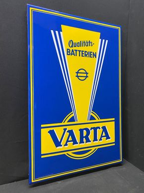 Varta Qualitäts-Batterien / Abgekantetes Emailleschild um 1950 (Top-Zustand)