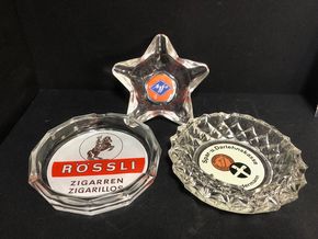 3er Set schwerer Glasaschenbecher von Rastal (60er Jahre) / Spar- und Darlehenskasse, Agfa & Rössli