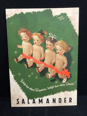 Salamander Werbepappe (21 x 15,5 cm) von Franz Weiss - Zeigt her Eure Füßchen Motiv (50er Jahre / selten)