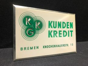 KKG Kunden Kredite - Bremen. Blechschild mit Semi-Glas-Überzug und Prismenschrift. 1930/1950. (A34)