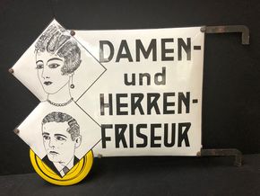 Damen- und Herren- Friseur / Zweiseitiger Emailausleger aus der Zeit um 1910/1920
