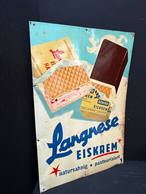 Langnese Eis Blechschild mit Werbung für Domino und Happen (Um 1960)