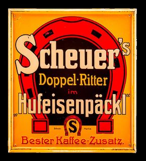 Scheuer’s Doppel-Ritter – Kaffee Zusatz im „Hufeisenpäckl“ um 1915
