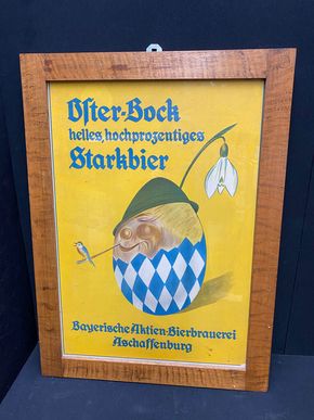 Bayerische Aktien-Bierbrauerei Aschaffenburg / Werbepappe im Holzrahmen (Um 1930)