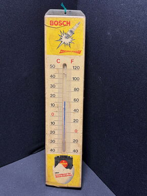 Bosch Thermo Elastik / Batterie / Zündkerze - Werbethermometer 51 x 11 cm - D um 1960