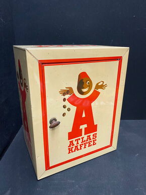 Atlas Kaffee Blechwerbeschränkchen mit lebensfrohen Motiv (50er Jahre)