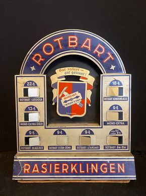 Rotbart Rasierklingen Verkaufsdisplay aus Blech um 1930 - gut rasiert - gut gelaunt! 