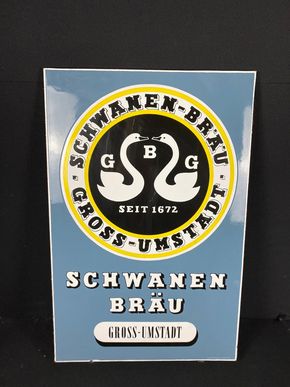 Emailschild Schwanen Bräu Gross Umstadt Hessen 72 x 48 cm um 1950