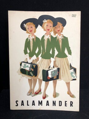 Salamander Werbepappe (30 x 21 cm) von Franz Weiss - Drei Damen mit Handgepäck Motiv (50er Jahre / selten)