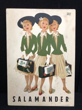 Salamander Werbepappe (21 x 15,5 cm) von Franz Weiss - 3 Damen mit Koffer und Schuhkarton Motiv (50er Jahre / selten)
