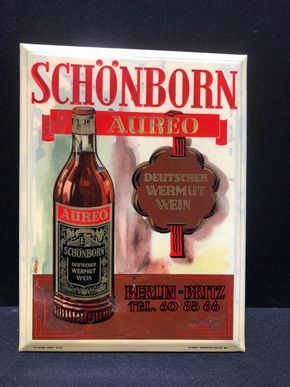 Schönborn Aureo Wermut Wein - (Um 1950). Blechschild mit Semi-Glas-Überzug und Prismenschrift. (A29)
