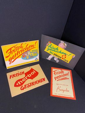 Konvolut alte Hinweisschilder Metylan, Herbol, Bergolin " Frisch gestrichen " Set 2 um 1960