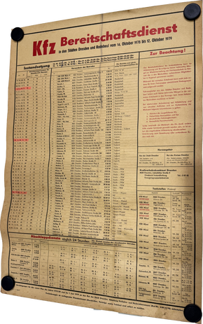 Kfz Bereitschaftsdienst Dresden und Radebeul - Infoplakat 1978/1979